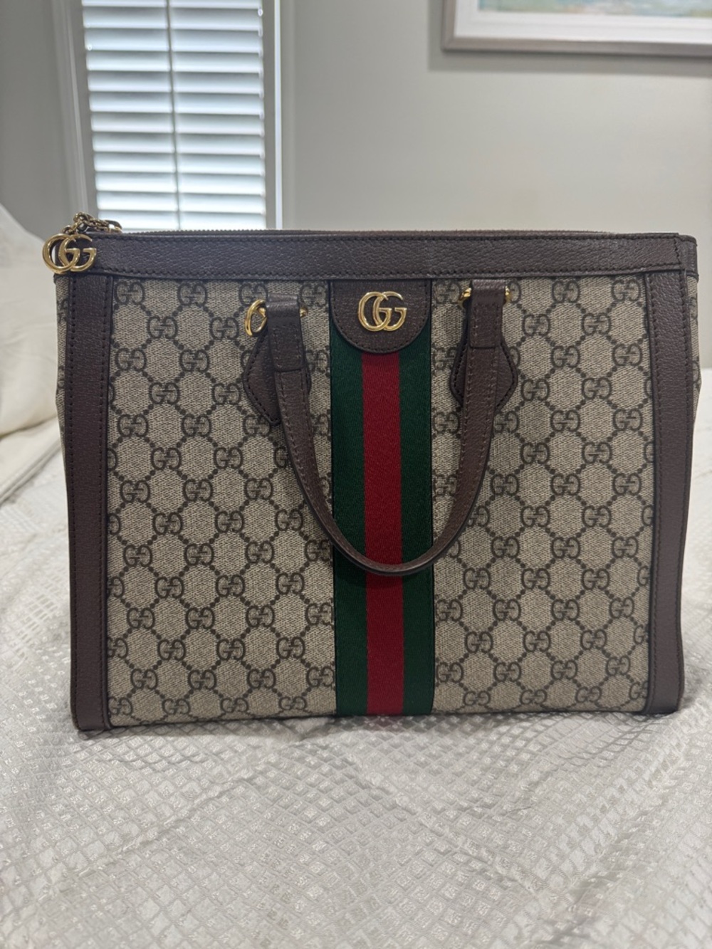 Gucci Beige GG Canvas Tote with Brown Trim and Green-Red Web